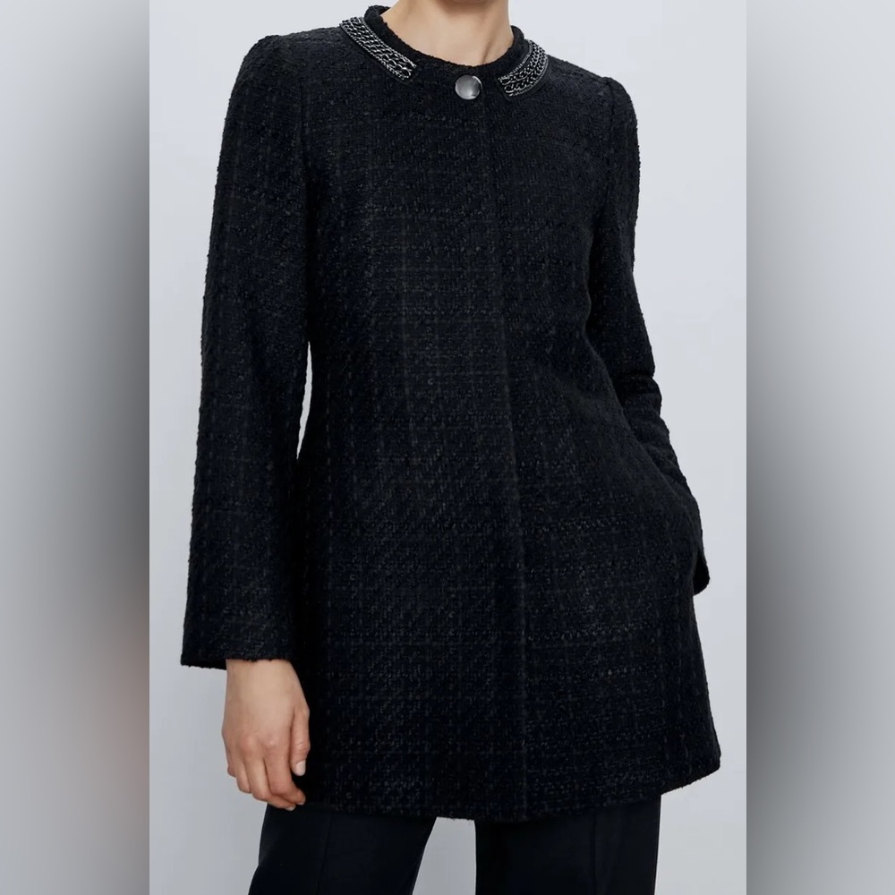 Zara Black Tweed Frock Coat Jacket Chain Hardware Neckline Hidden Snap Front